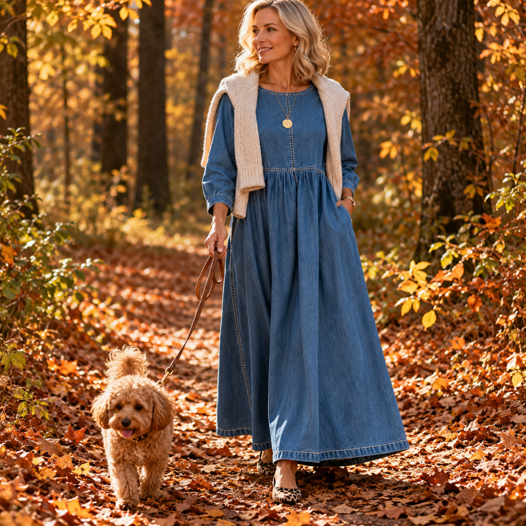 Melissa | Round Neck Long Sleeve Denim Dress