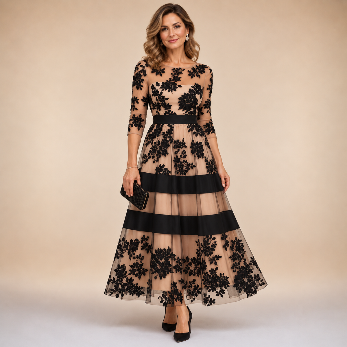 Adeline | Floral Lace Midi Evening Dress