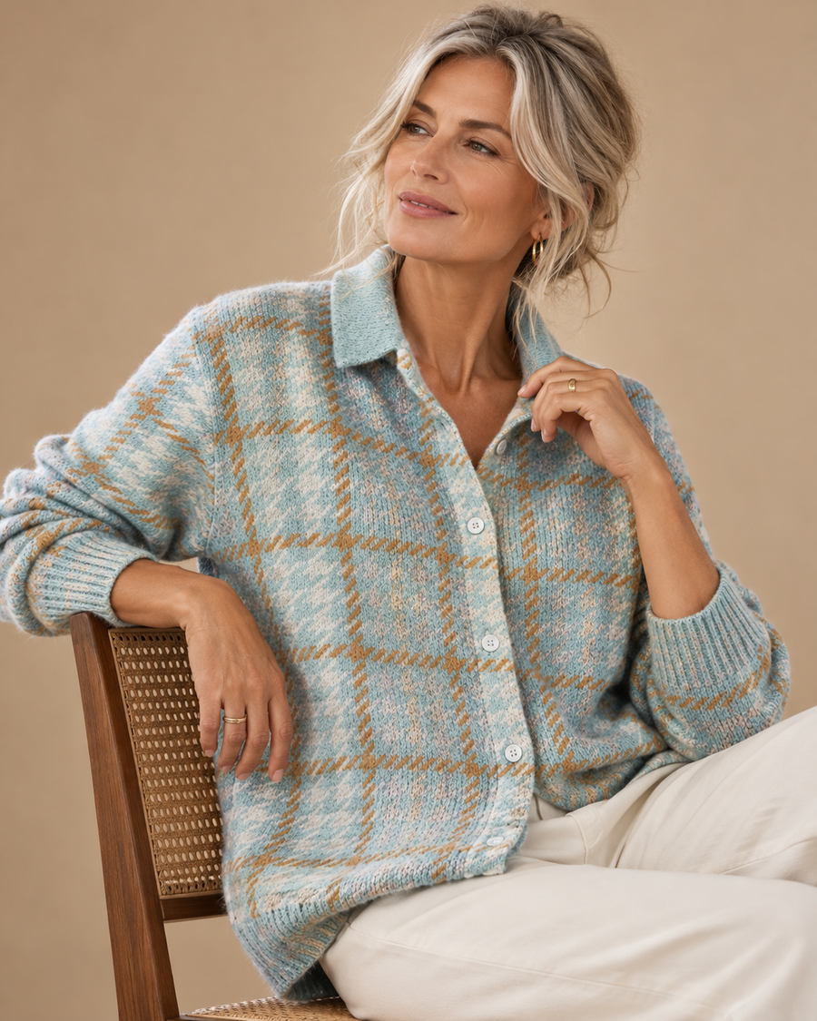 Clara | Sky Plaid Button Knit