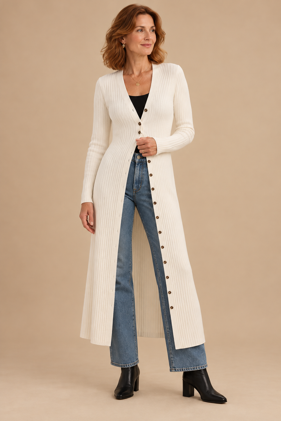 Eupraxia | Long Cardigan with V-Neck and Button Front