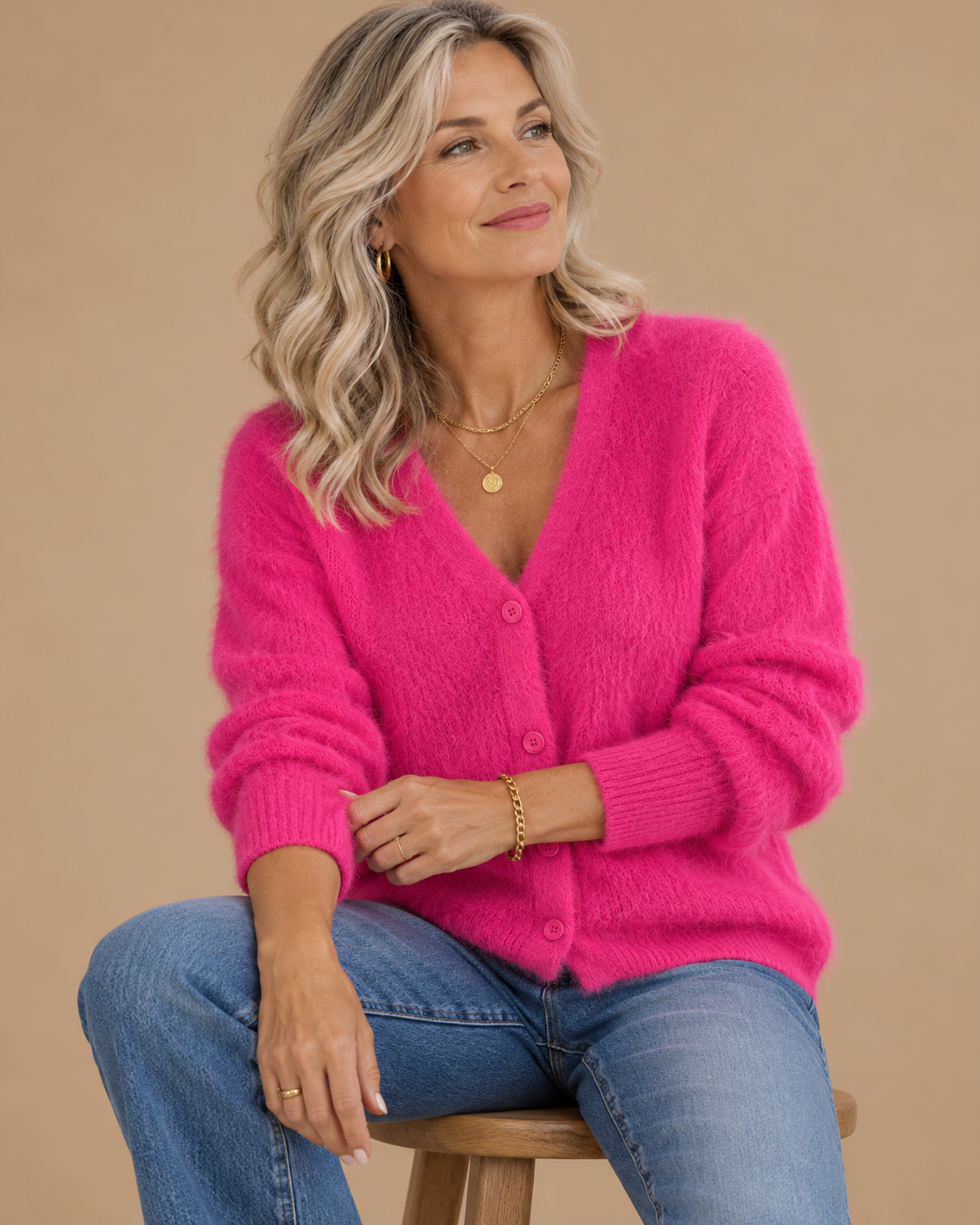 Fluffy V-Neck Knit Cardigan Sweater with Button-Front Closure