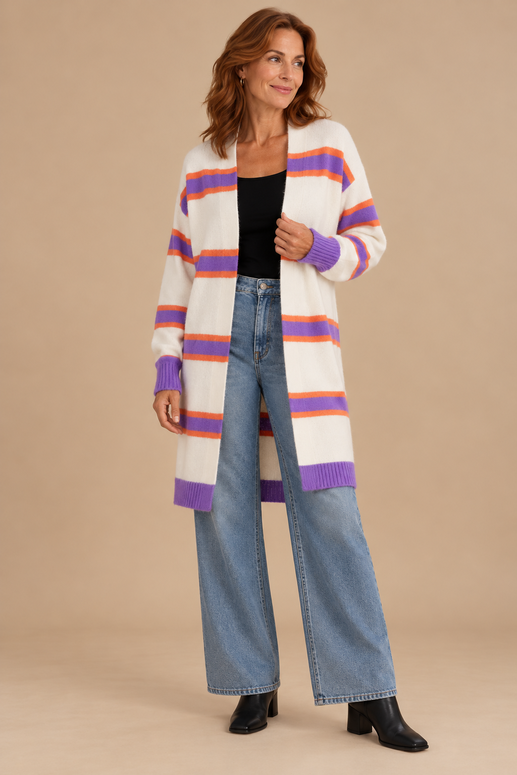 Ailsa | Long Cardigan with Open Front and Striped Design