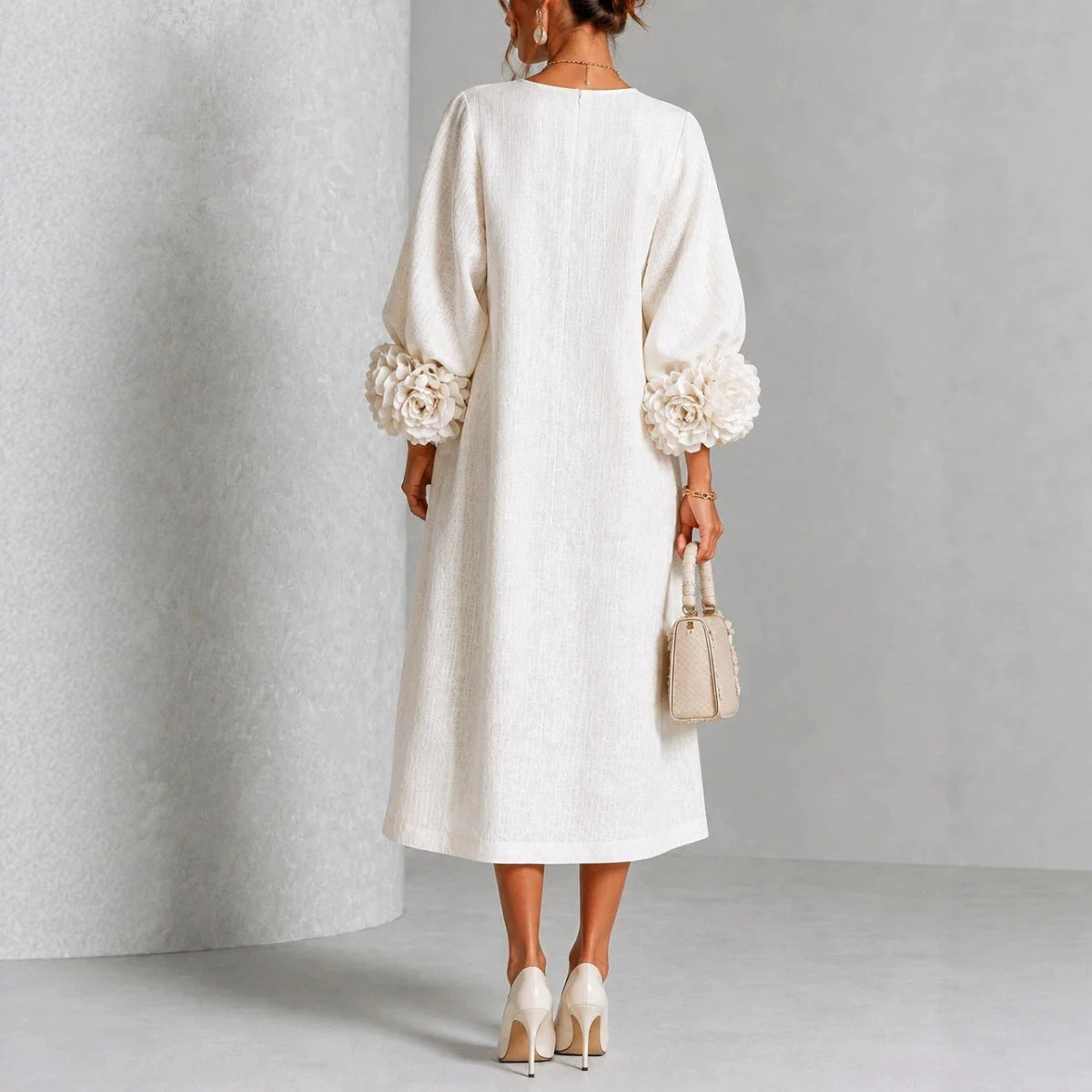 Rosette-Cuff Button Midi Dress