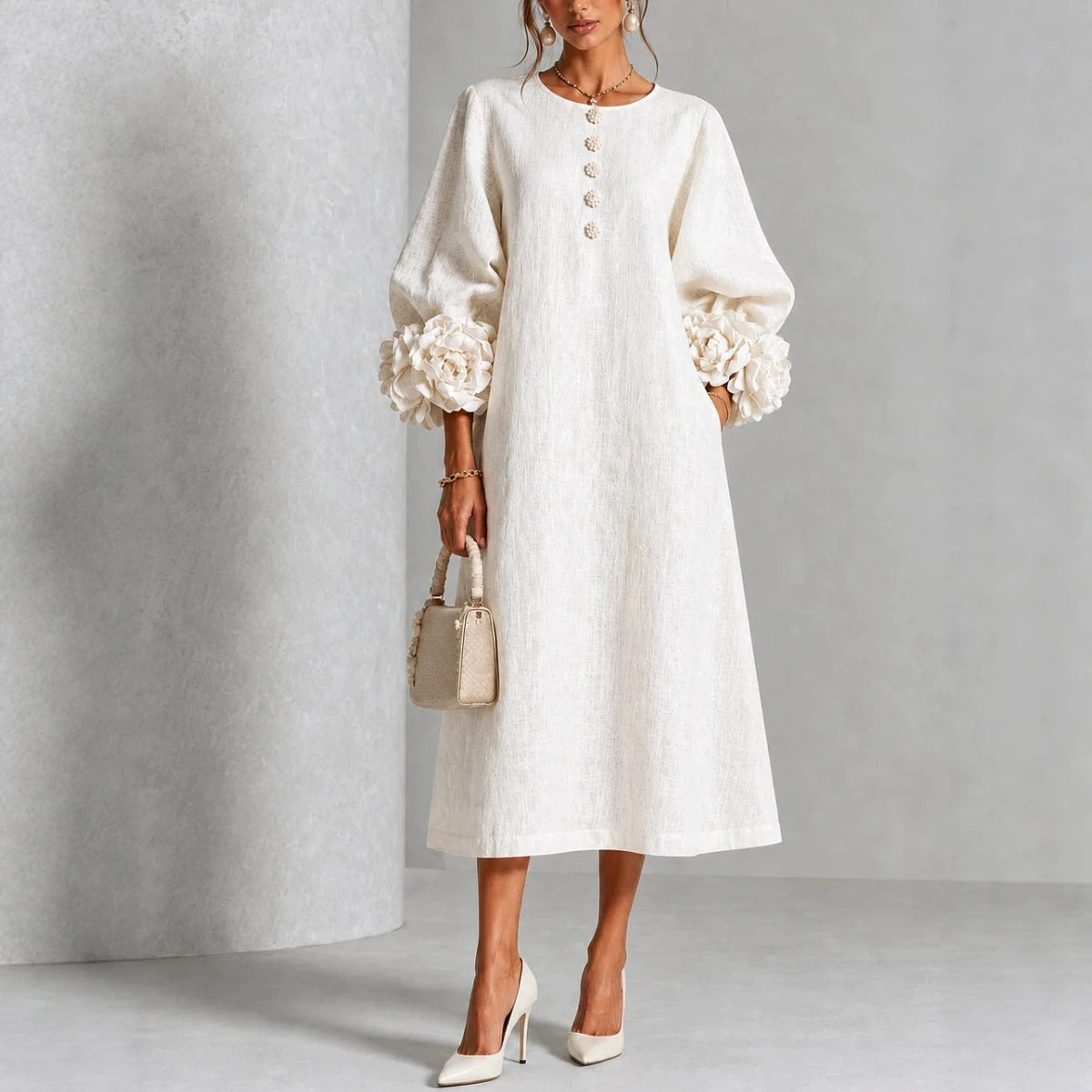 Rosette-Cuff Button Midi Dress