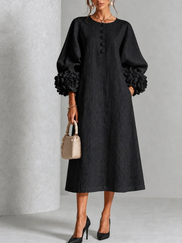 Rosette-Cuff Button Midi Dress