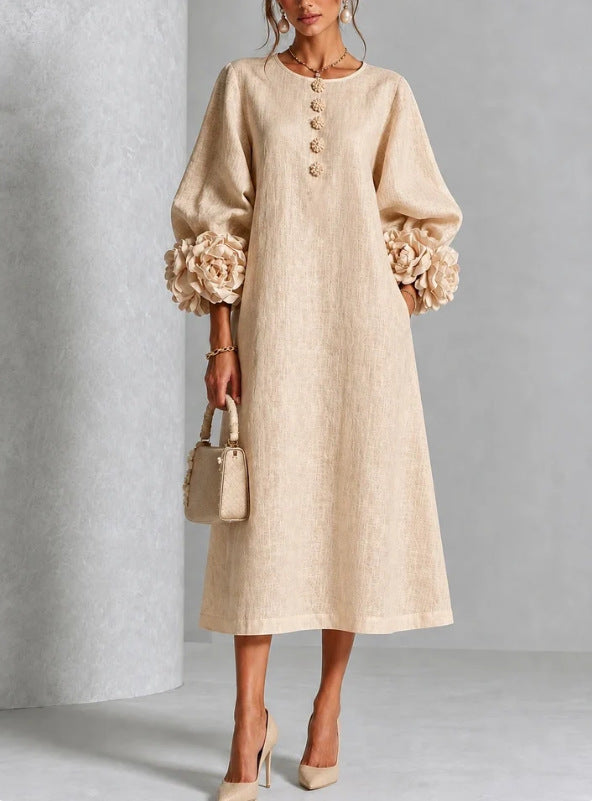 Rosette-Cuff Button Midi Dress