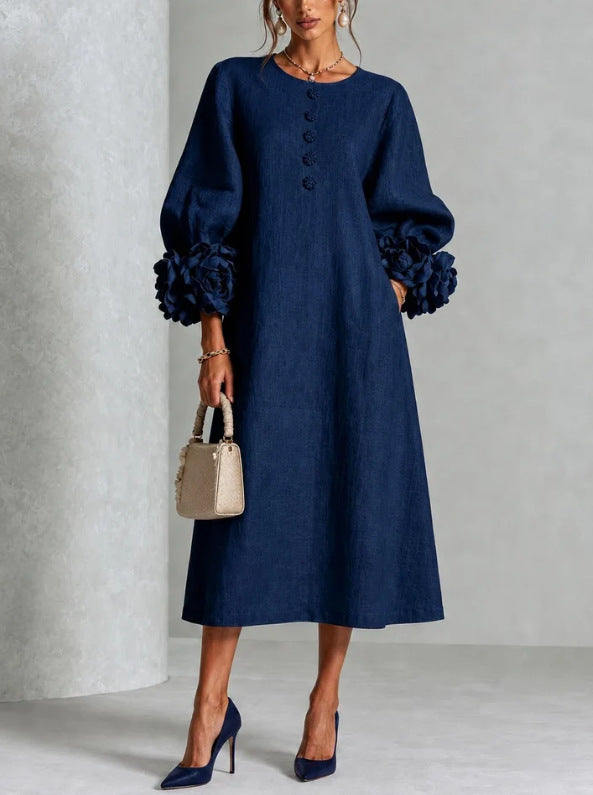 Rosette-Cuff Button Midi Dress