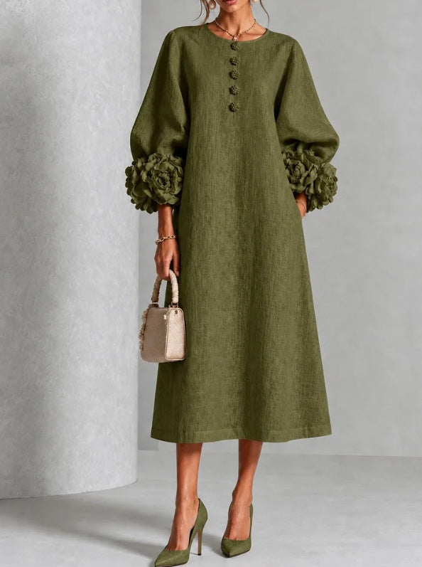 Rosette-Cuff Button Midi Dress