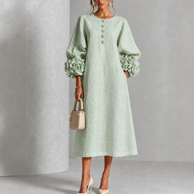 Rosette-Cuff Button Midi Dress