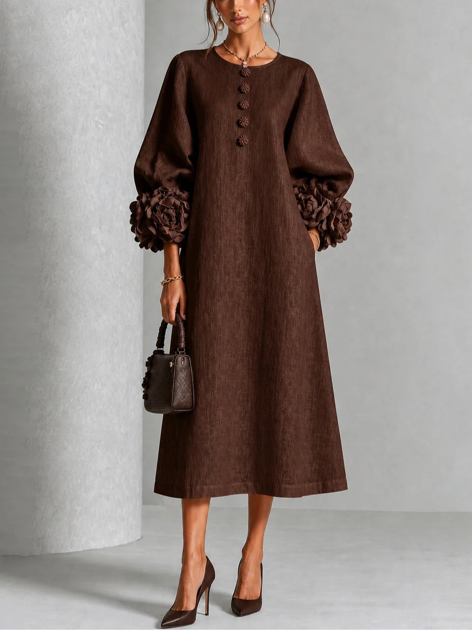 Rosette-Cuff Button Midi Dress