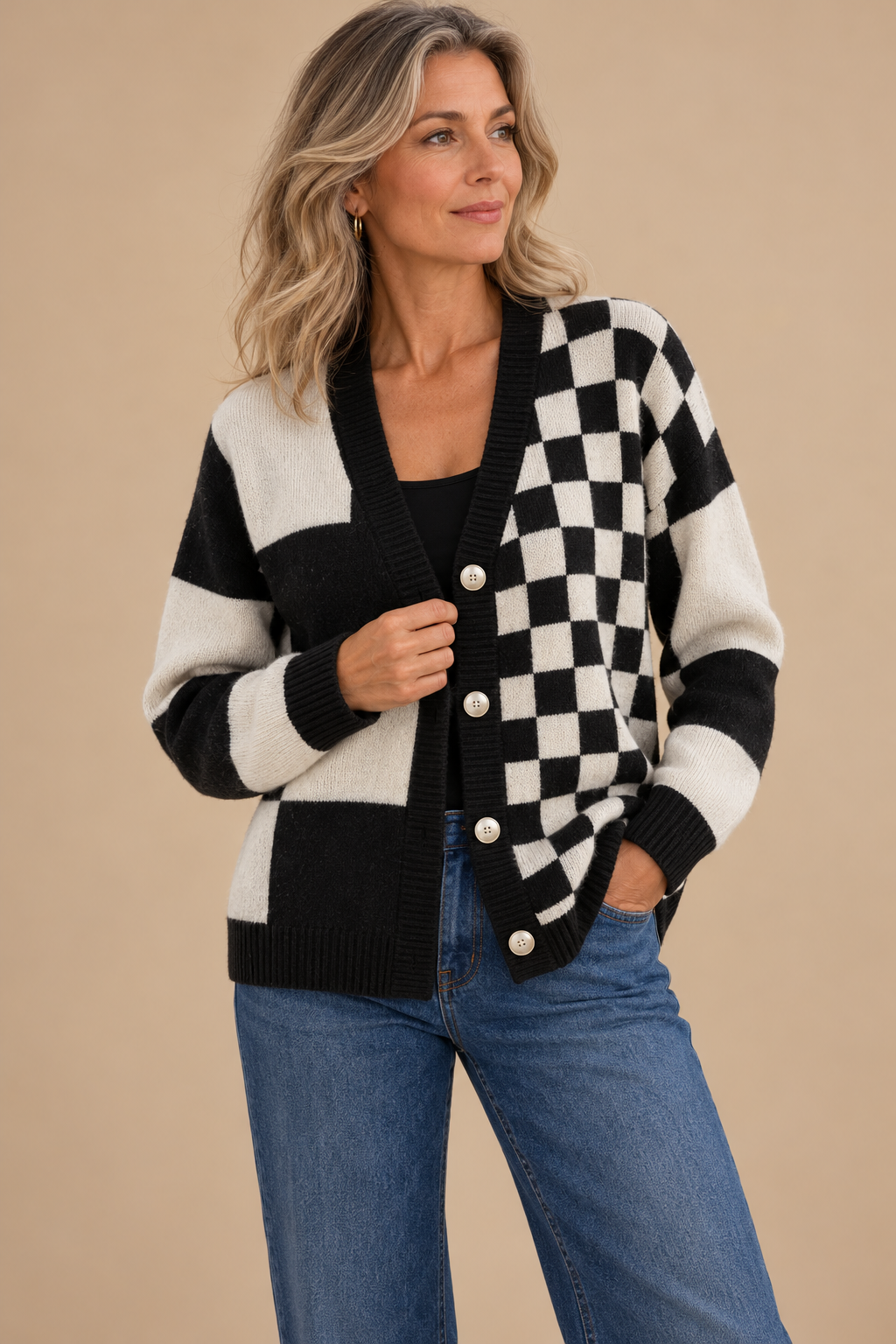 Adela | Checked Cardigan with V-Neck and Button Front