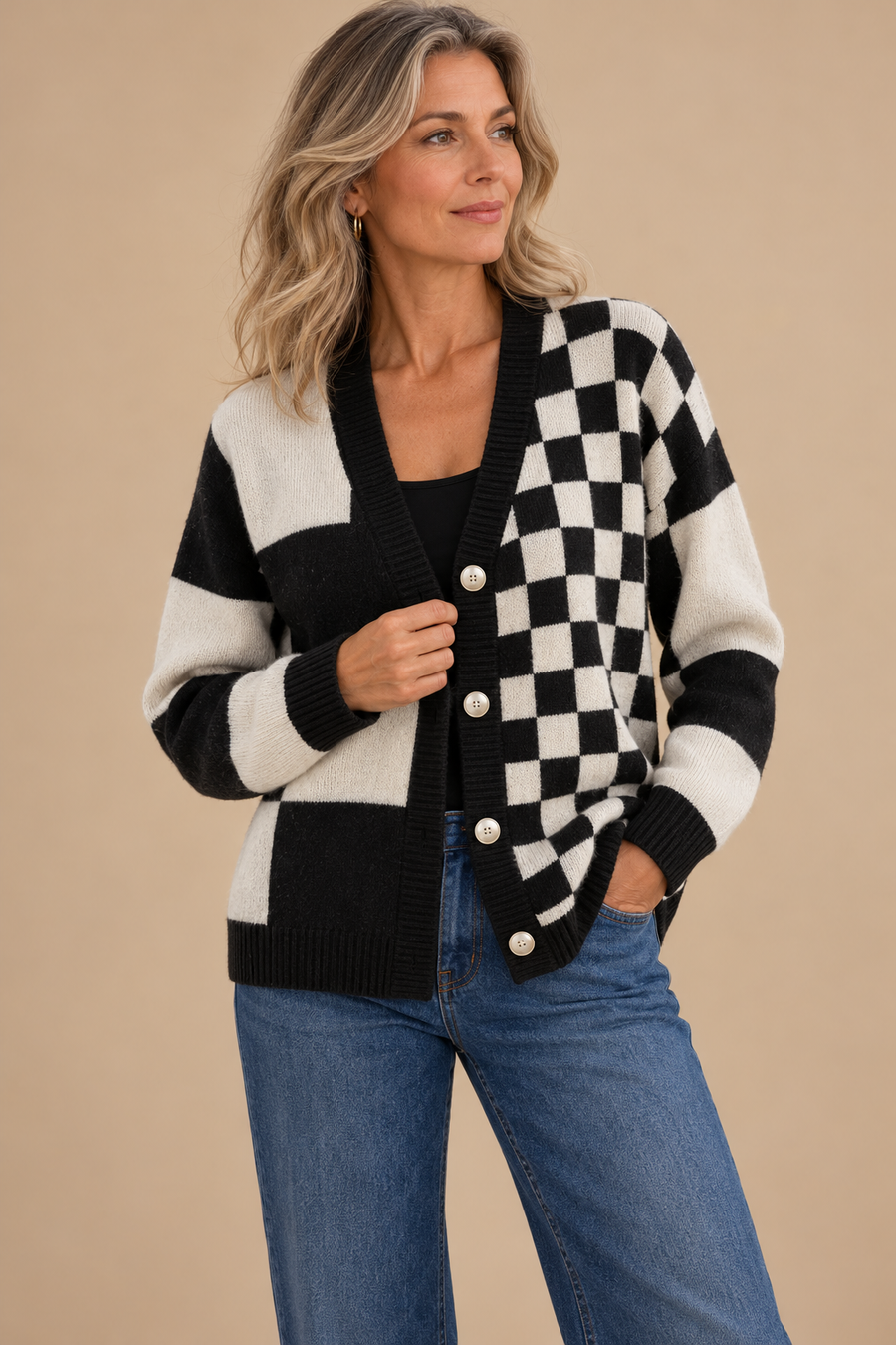 Adela | Checked Cardigan with V-Neck and Button Front