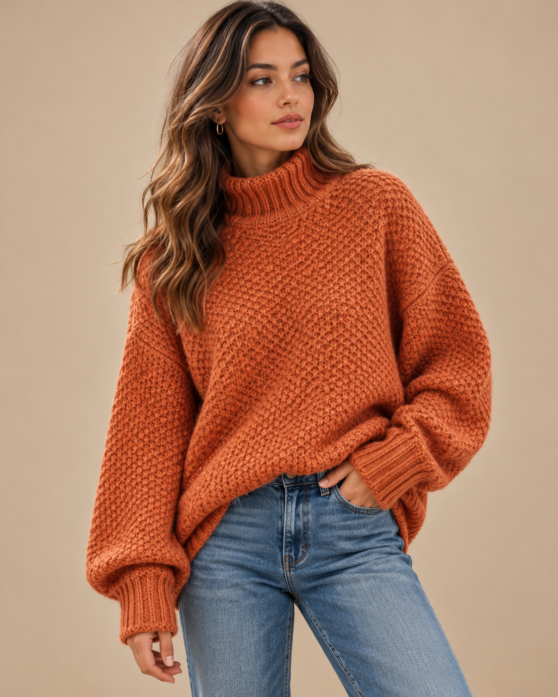 Boho Beach Hut Loose Knit Turtleneck Pullover Sweater