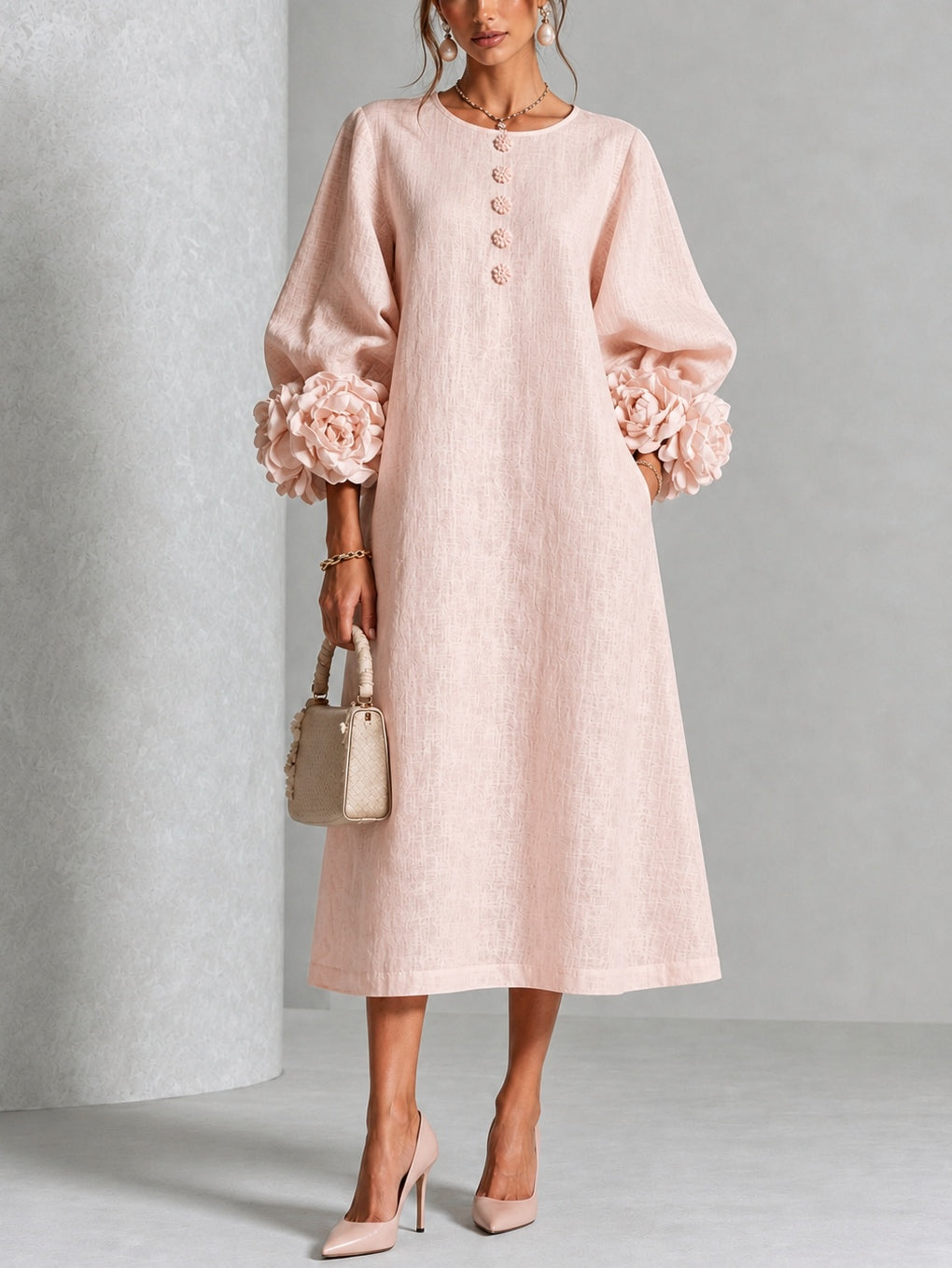 Rosette-Cuff Button Midi Dress