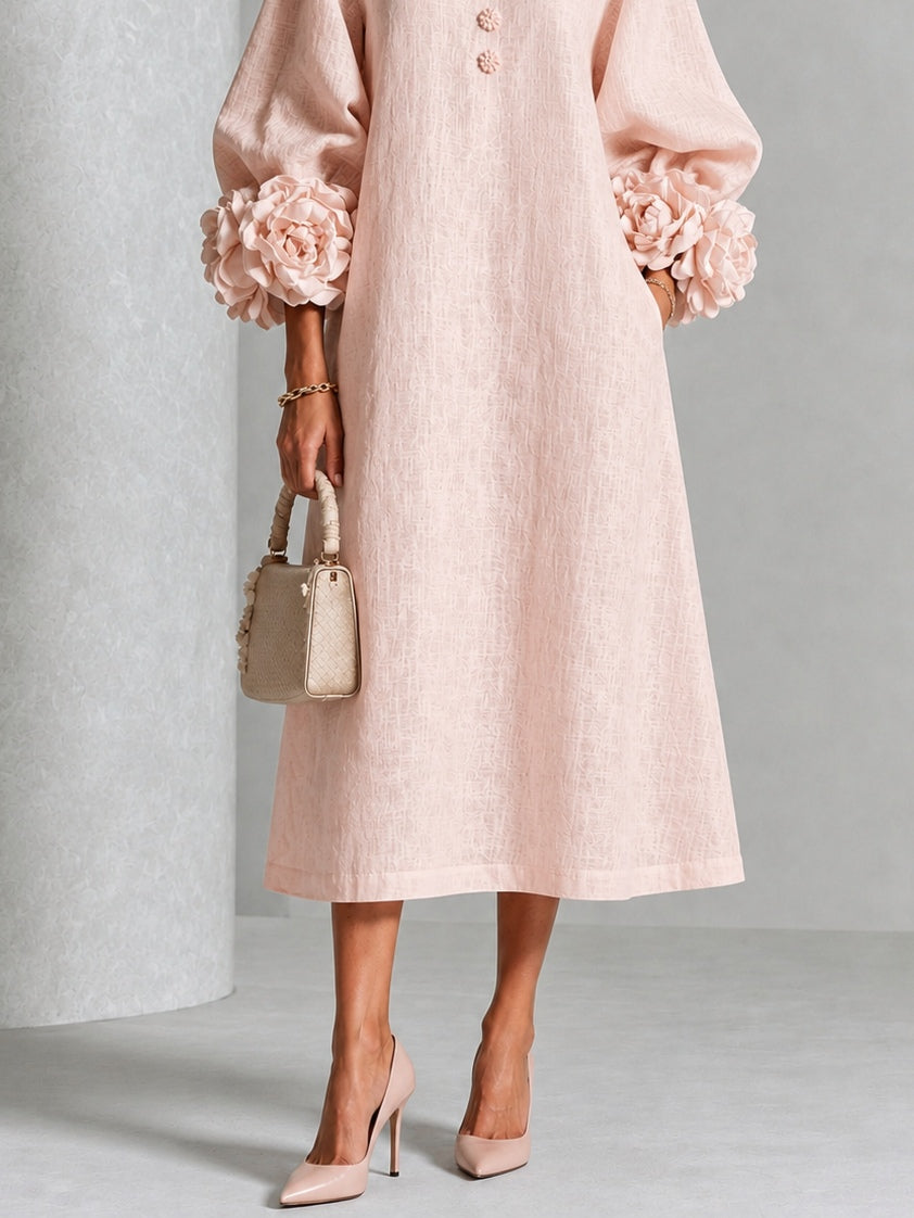 Rosette-Cuff Button Midi Dress
