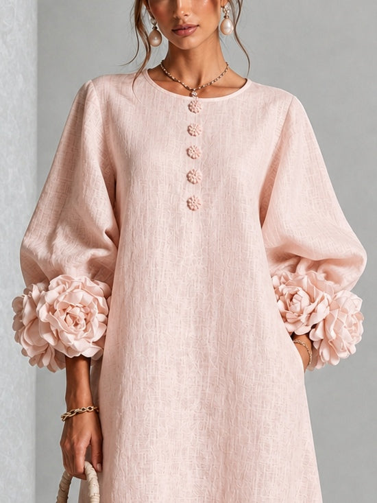 Rosette-Cuff Button Midi Dress