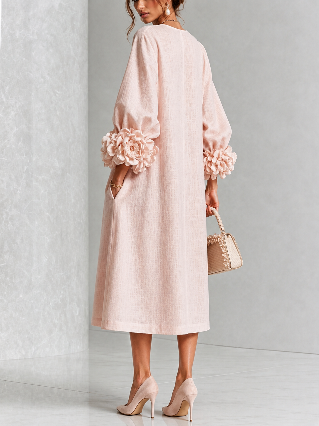 Rosette-Cuff Button Midi Dress