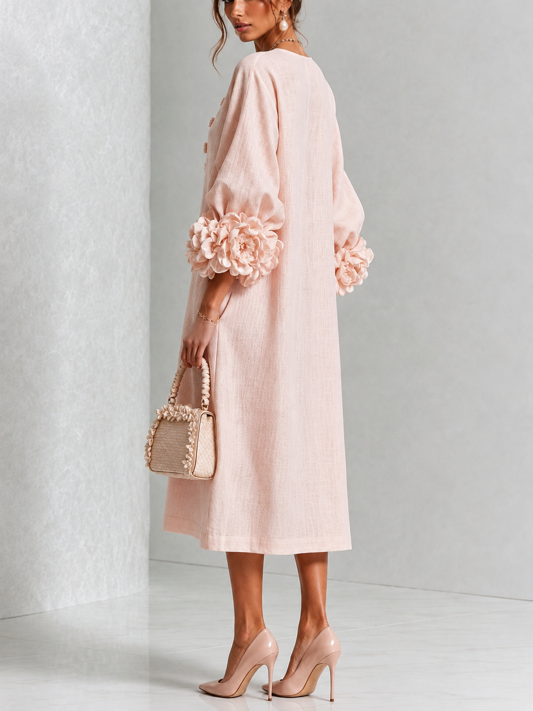Rosette-Cuff Button Midi Dress