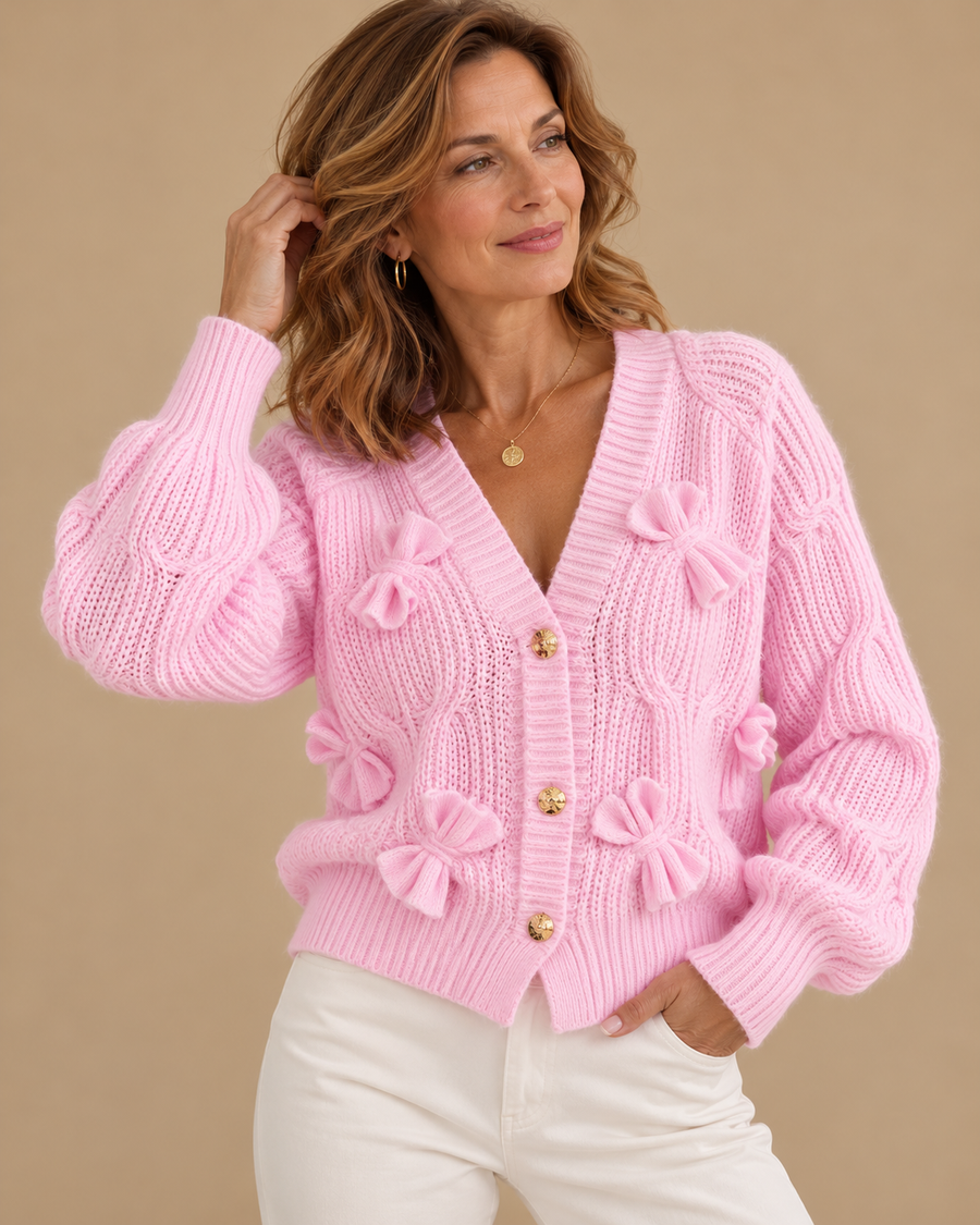 Elowen | Women's Bow Detail V Neck Knit Cardigan